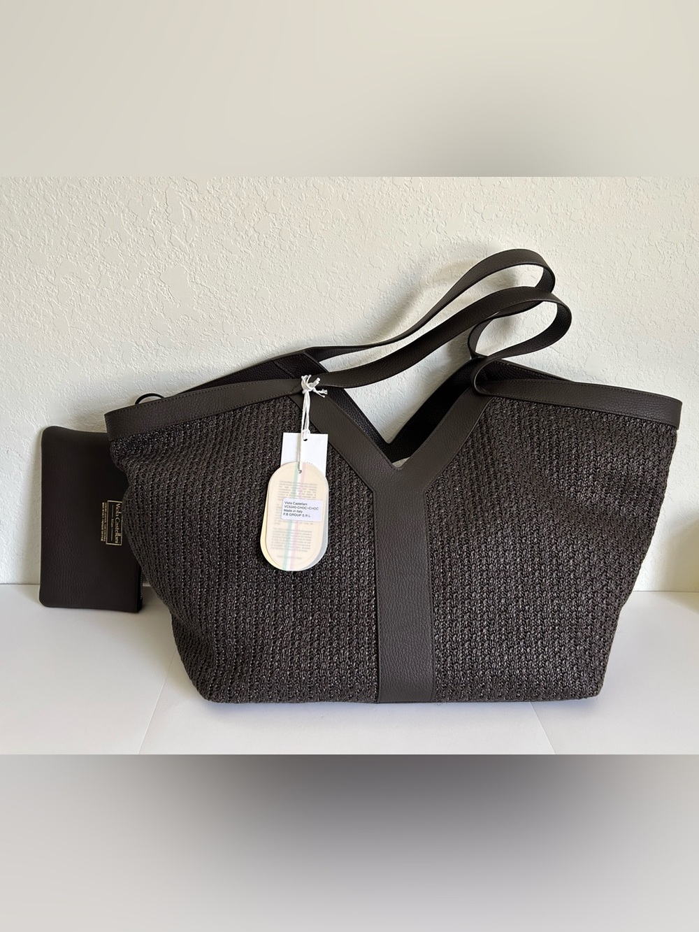Viola Castellani large Brown Woven Tote Bag with Pouch